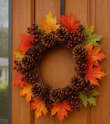 a handmade autumn wreath decorated with pinecones, red berries, and colorful fall leaves