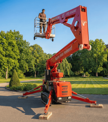 Schreinermeister Ferdinand Volk im angehobenen Korb einer roten Raupen-Arbeitsbühne in einer sonnigen Parkanlage.