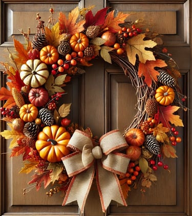 autumn wreath, adorned with pumpkins, autumn leaves and a beautiful bow, hanging over a door