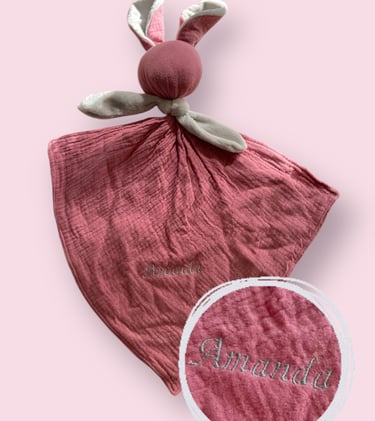 Handmade pink and gray rabbit flat comforter in double cotton gauze and velvet embroidered "Amanda"
