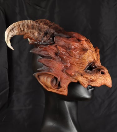 Finished fantasy creature mask created from a detailed 3D print and hand finished