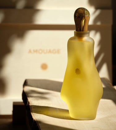 Amouage Royal Drops perfume bottle in sunlight.