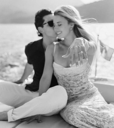 lindsay brewer show engagement ring in Lake Como