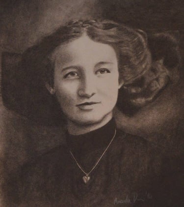 a black and white graphite drawing of a young woman with a very large hair bow and heart locket