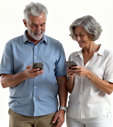 hombre y mujer parados juntos, mirando su smartphone