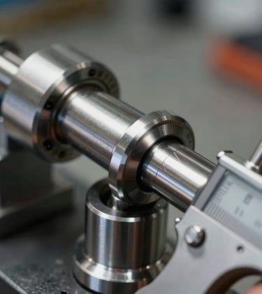 Extreme close-up of a digital micrometer measuring a polished steel crankshaft journal to exact tolerances, cool workshop lighting