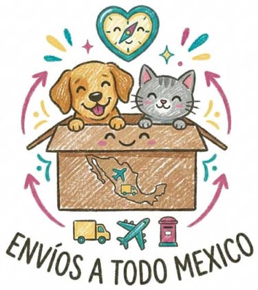 Ilustracion de un perrito y gatito que indica se hacen envios a todo Mexico de prendas de mascotas
