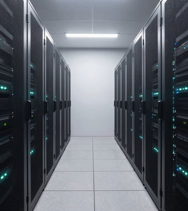 A wide-angle shot of a minimalist, secure data center aisle. The racks are dark slate grey, illuminated by muted teal status lights. The composition is symmetrical and clean, suggesting competence and order.