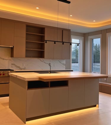 Modern luxury kitchen with wood cabinetry, a large marble island, and recessed warm ceiling lighting.