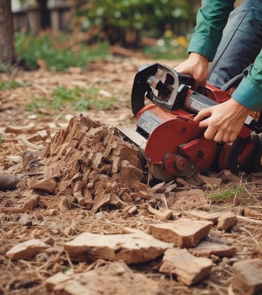 Workers clearing fallen branches and debris from a yard after a heavy storm.