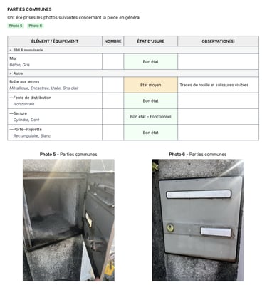 Property inspection report showing photos and status of a grey metal mailbox in common areas.