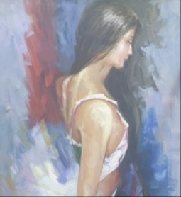 paiting of lady side acvarel on blu bacgraund and wearing langerin nite dress long black hair clam face 