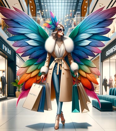 waman with shopping with wings as fairy