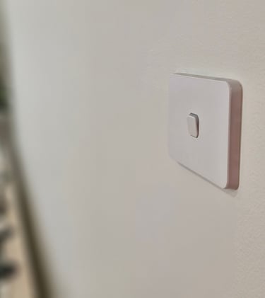 A modern white light switch plate mounted on a neutral wall in a minimalist home interior.