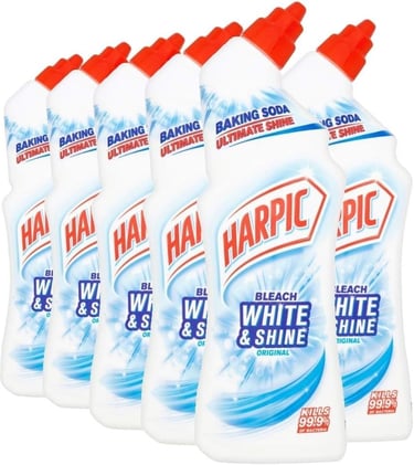 Six bottles of Harpic Bleach White and Shine toilet cleaner with baking soda for ultimate bathroom hygiene.