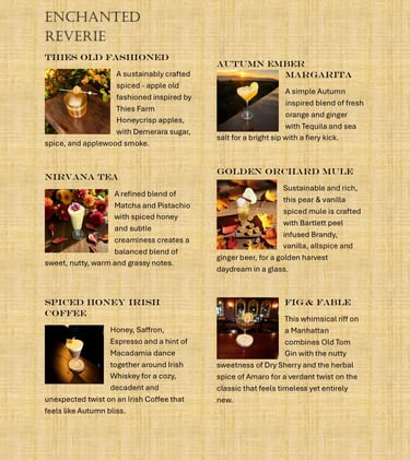 Enchanted Reverie sustainable Fall party menu by Bender Mixology.