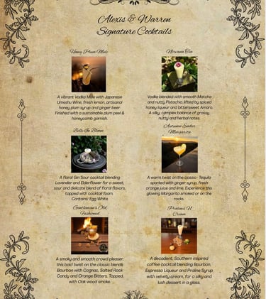 Custom Victorian style wedding cocktail menu for Southern Illinois wedding by Bender Mixology. 