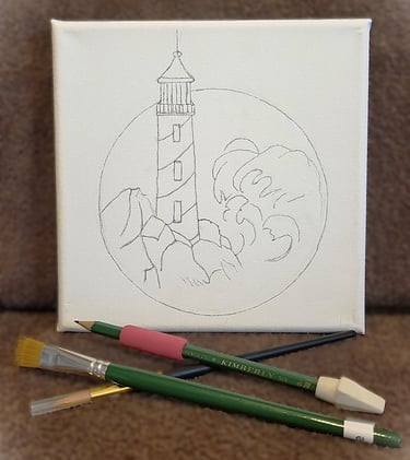 Sketch of a lighthouse in a circle with waves.