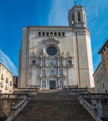 Girona Cathedral façade and staircase in Girona, Spain