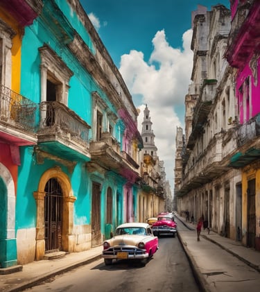 a street scene with a car parked on the side of the road