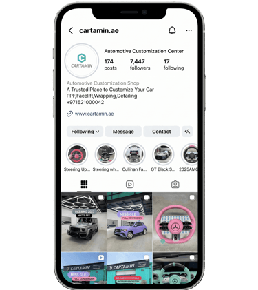 Cartamin automotive customization Instagram profile showing luxury car detailing and steering wheel upgrades.