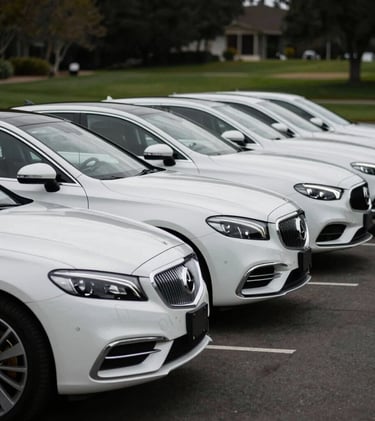 A fleet of luxury alabaster white sedans parked in a symmetrical line at a high-end North American / US country club.