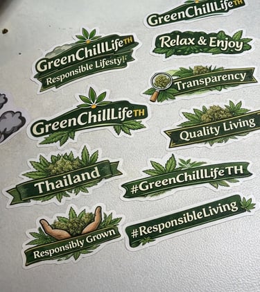 a bunch of stickers that are on a table for the greenchill life thailand
