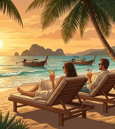 Phuket beach during a golden sunset, surrounded by palm trees and turquoise water, reflecting the calm Green Chill Life TH