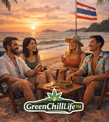 a group of people sitting around a table with a flag of thailand and enjoing the green chill life