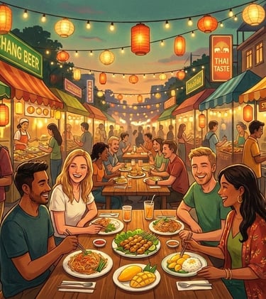 bustling Thai night market with happy travelers enjoying street food at communal tables under warm lanterns, captu