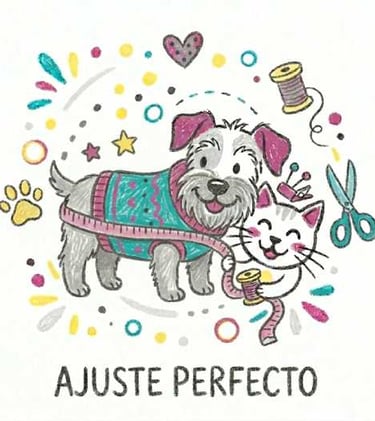 un gato midiendo a un perro con un suéter para asegurar un ajuste perfecto
