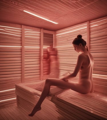Woman relaxing in a modern infrared sauna with red light therapy and wooden paneling.