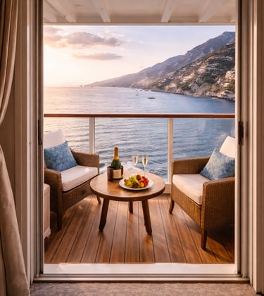 Luxury cruise ship balcony with champagne and fruit overlooking the Amalfi Coast at sunset.