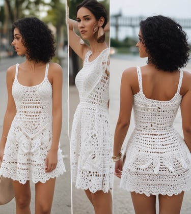 Woman wearing a white sleeveless crochet mini dress with intricate lace patterns and a scalloped hem.