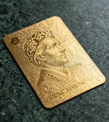 Close-up photography of a premium card with gold foil texture, resting on a deep green marble surface. Professional lighting, editorial style, South American luxury aesthetic.