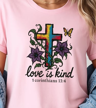 Women's Love is kind Christian Cross Bible Verse tee