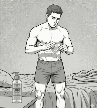 standing cartoon male in his underwear opening condom 