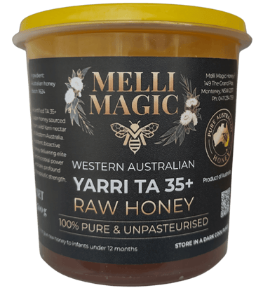 A jar of Melli Magic Western Australian Yarri TA 35+ Raw Honey, 100% pure and unpasteurised.