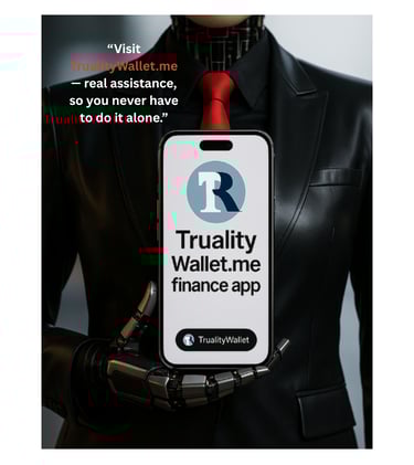 a person in a black leather suit, red tie holding android phone that promotes truality wallet.me  