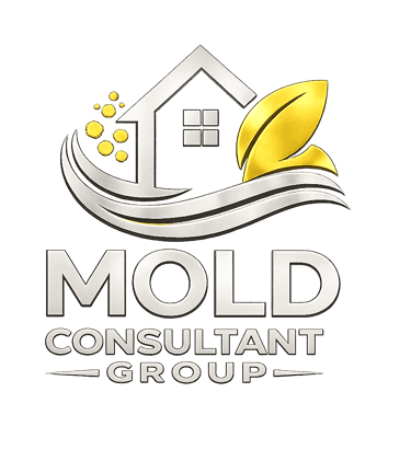 Mold Consultant Group logo featuring a silver house icon and golden leaves on a black background.