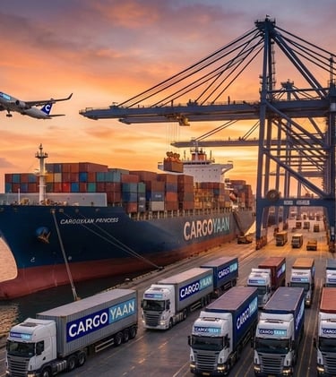 CargoYaan Container Ship & Trucks at Port for Global Logistics Mission