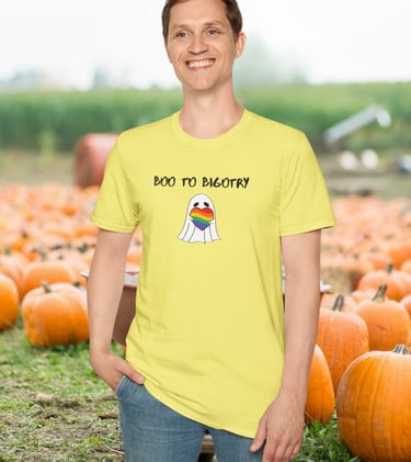 Boo to Bigotry Halloween pride graphic t-shirt with rainbow heart – inclusive fall fashion