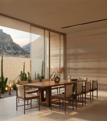 Modern indoor dining space with panoramic desert views