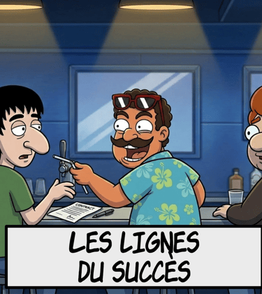 Dessin animé de personnages à un bar en train de discuter d'un contrat d'affaires, avec le texte sup