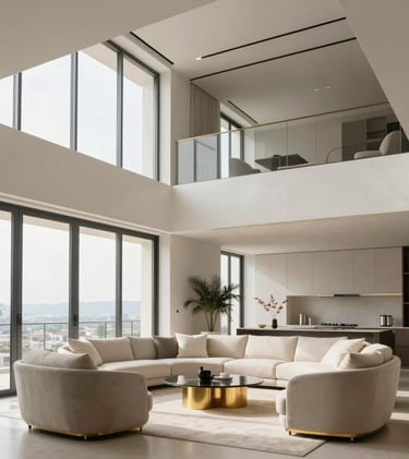 A luxury penthouse interior with high ceilings and minimalist decor. Features a neutral color palette of cream white and grey, with gold accents in the furniture. Bright natural light through floor-to-ceiling windows. Spanish-speaking / Iberian Peninsula context.
