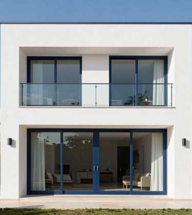 Exterior facade of a modern white villa with large windows and navy blue metallic framing. Bright sunny day in a Spanish-speaking region. The composition is clean and minimalist.