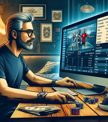 Middle-aged man betting on an esports match online at home, focused on the screen.