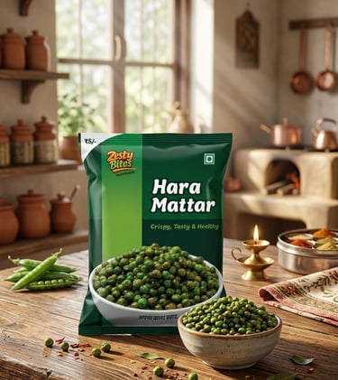 Zesty Bites Hara Mattar fried green peas snack packet