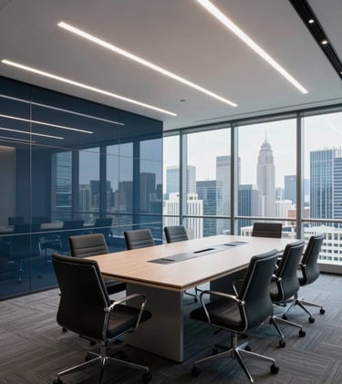 A wide-angle lens photograph of a modern, sophisticated corporate boardroom in a glass skyscraper overlooking a global city skyline, featuring Dark Blue and Off-White palette, clean and professional lighting, International / Global setting.