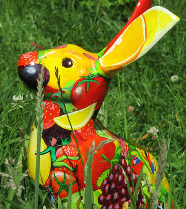Hare sculpture painted with fruit and vegetables by Laura Fearn